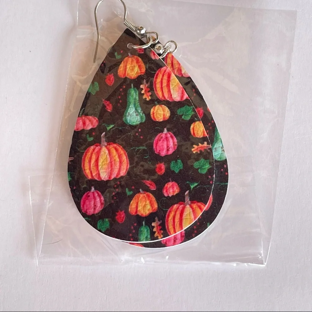 Fall festive pumpkin multicolor faux leather tear drop earrings